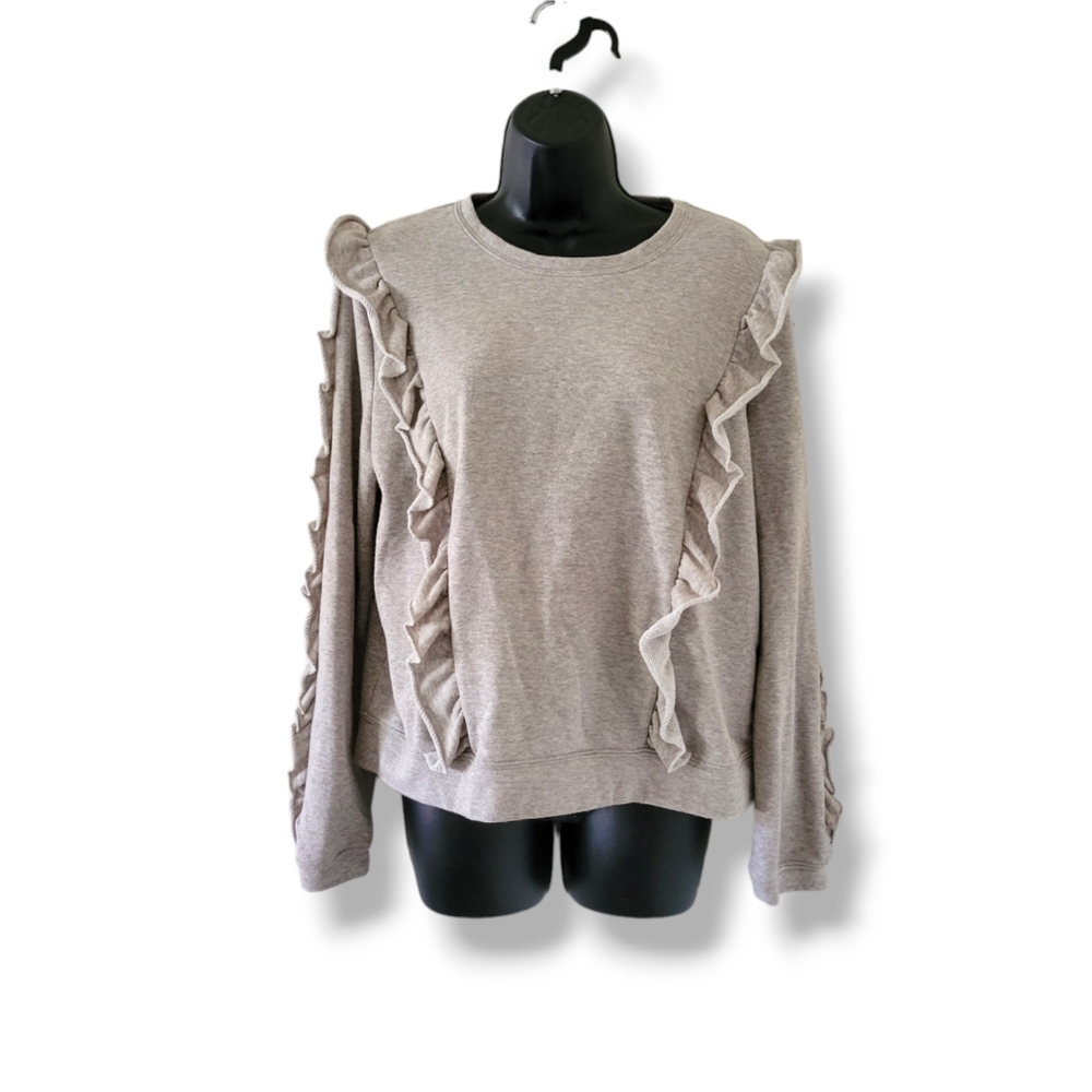 1. State | Cute Light Beige/Gray Ruffle Trim Long Sleeve Sweater (SIZE M)
